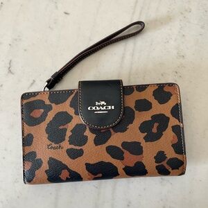 Coach Tech Black and Tan Leopard  Print Wristlet/ Wallet